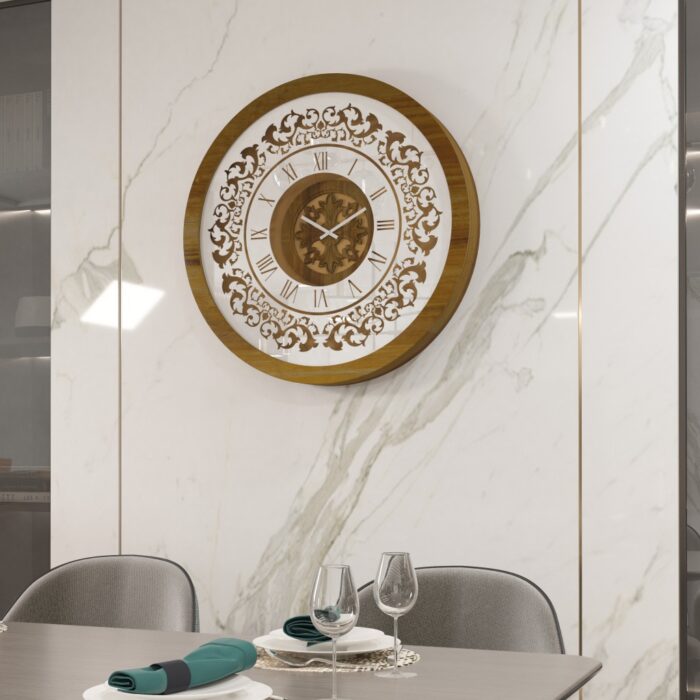 Add a touch of timeless elegance to your living space with this exquisite Round Unique Gold Patina Wall Clock. The intricate frame boasts a royal vintage effect, creating a luxurious atmosphere in any room. The mirrored design adds a touch of glamour, while the boho style clock enhances the overall aesthetic. Perfect for a chic living room, bedroom, or office, this stunning piece of wall art effortlessly combines style and functionality. Make a statement with this one-of-a-kind wall clock that will surely elevate your decor.