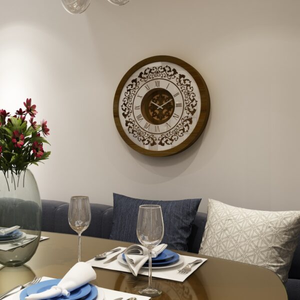 Add a touch of timeless elegance to your living space with this exquisite Round Unique Gold Patina Wall Clock. The intricate frame boasts a royal vintage effect, creating a luxurious atmosphere in any room. The mirrored design adds a touch of glamour, while the boho style clock enhances the overall aesthetic. Perfect for a chic living room, bedroom, or office, this stunning piece of wall art effortlessly combines style and functionality. Make a statement with this one-of-a-kind wall clock that will surely elevate your decor.