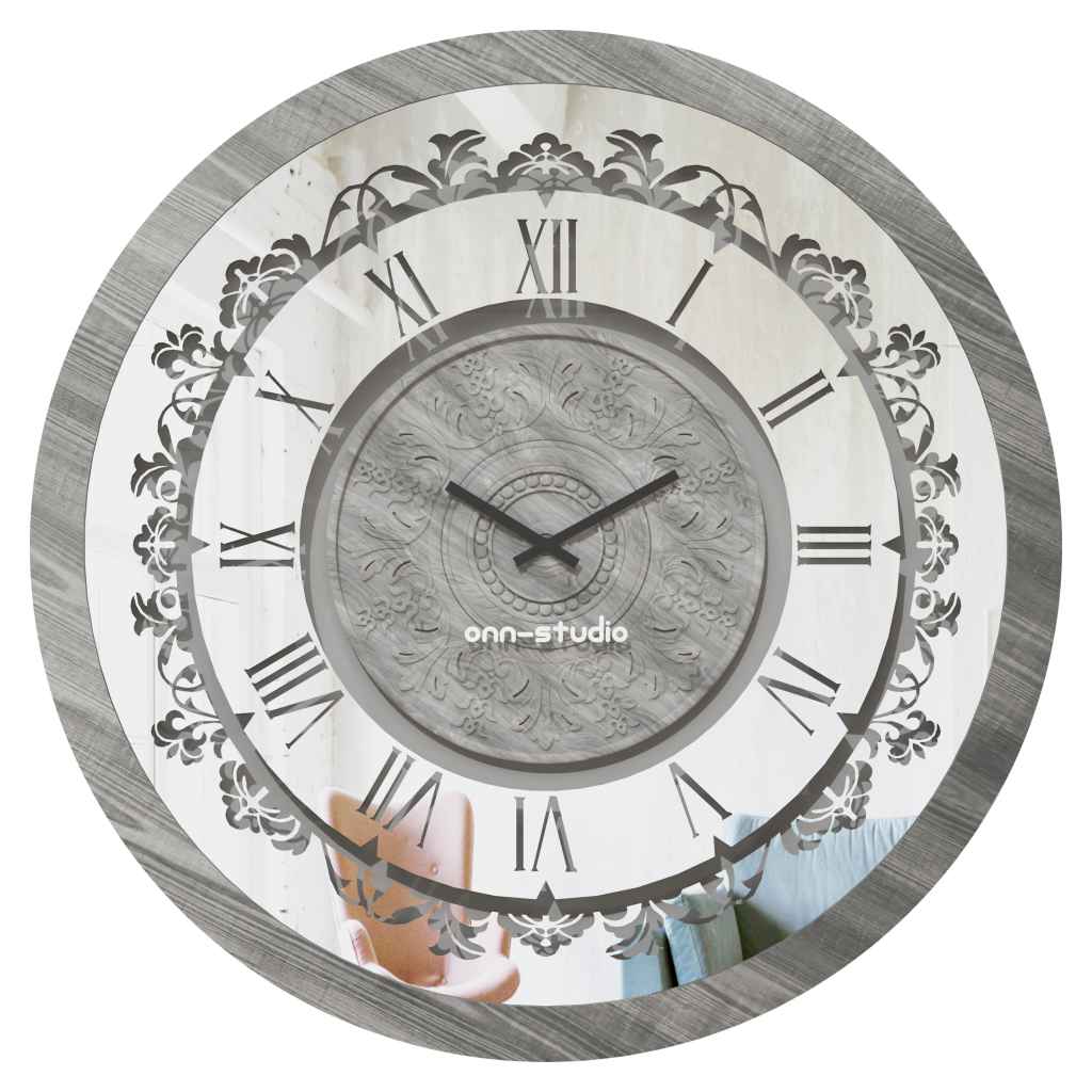 Onn Studio's Round Silver Patina Mirrored Wall Clock with Roman numerals and decoration.