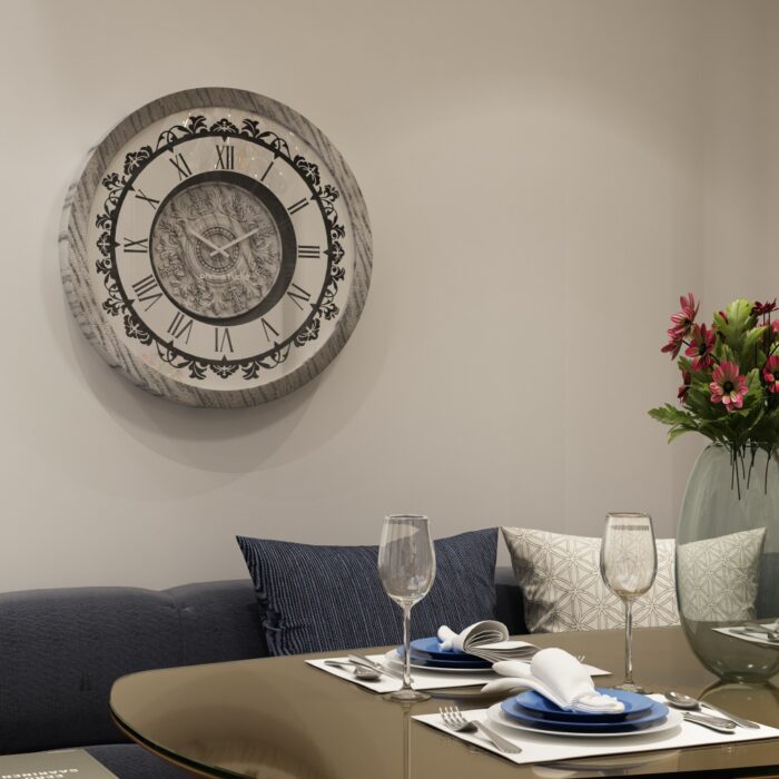 Introducing our stunning Roman Numeral Wall Clock, the perfect addition to your living room decor! This unique wall art piece features a chic vintage look with a round design in a beautiful silver patina finish. Elegant and timeless, this clock will make a statement in any room it's placed in. Elevate your space with this exquisite piece that combines functionality with style. Perfect for adding a touch of sophistication to your home, this Roman Numeral Wall Clock is sure to impress your guests and become a focal point in your space. Make a stylish statement with this elegant wall clock today!