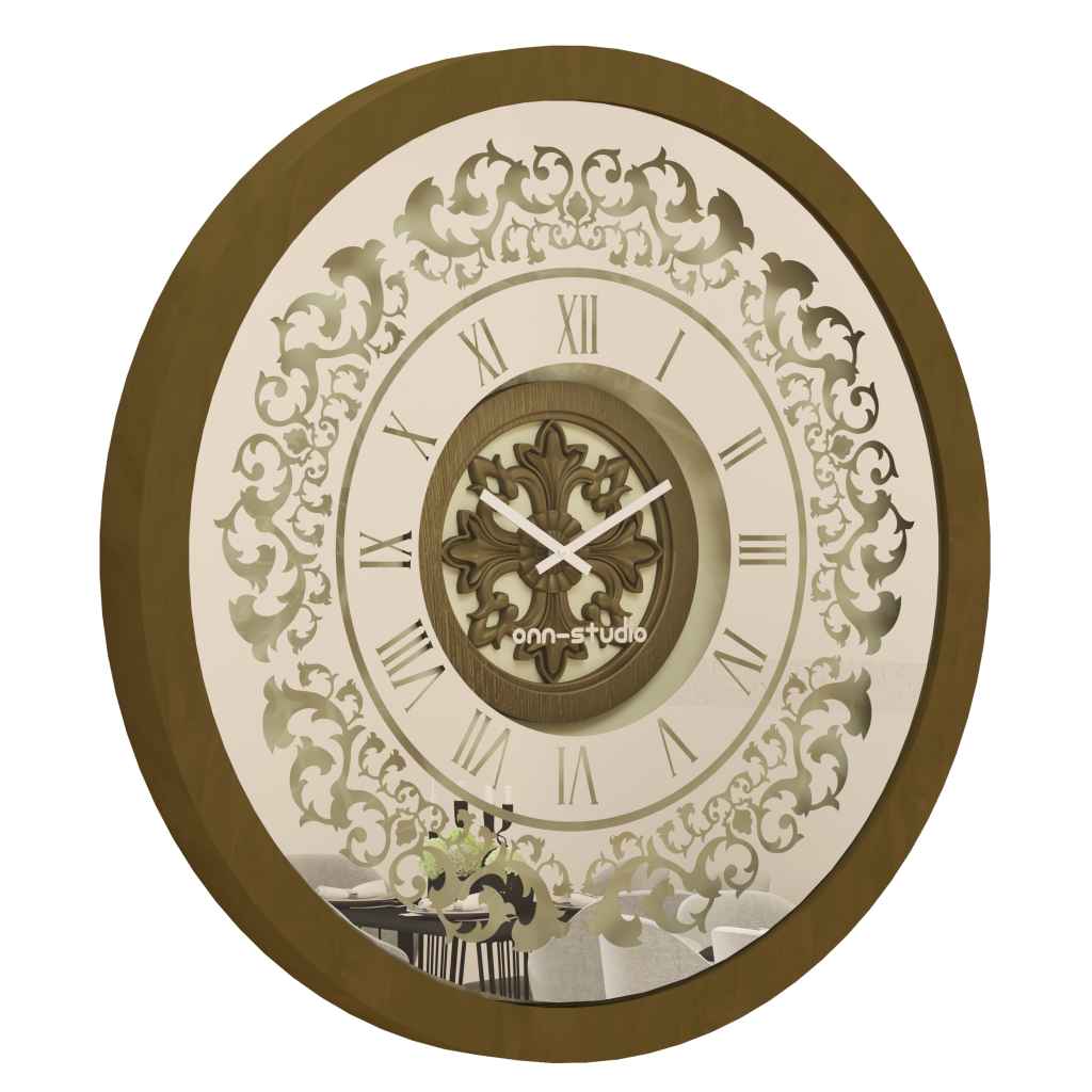 Onn Studio's Round Bronze Effect Mirrored Wall Clock with Roman numerals and decoration.