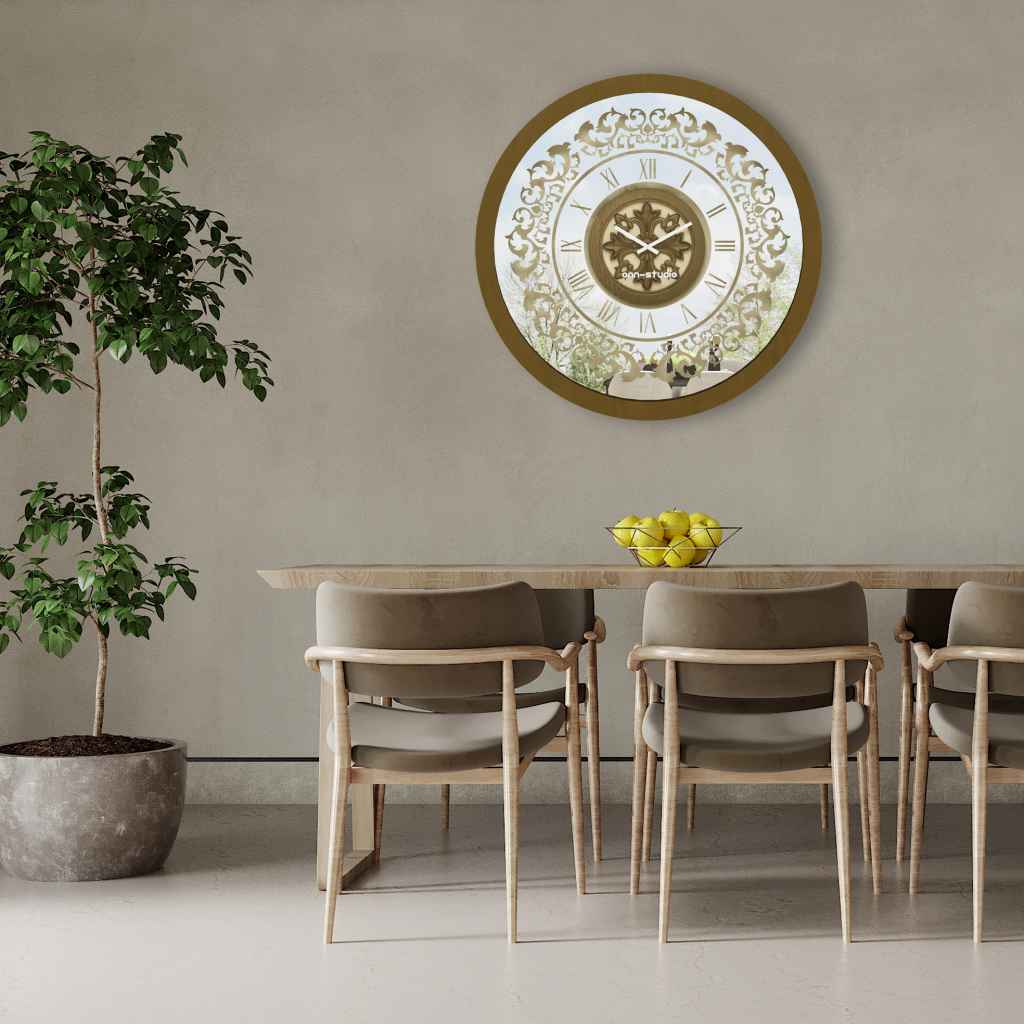Round bronze effect mirrored wall clock in a grey dining room.
