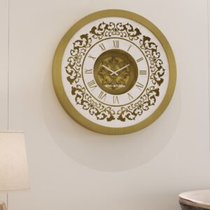 Add a touch of vintage charm to your home or office with this exquisite Vintage Floral Bronze Effect Wall Clock. Featuring elegant Roman numerals on a large round mirror, this artisan timekeeper is a statement piece that will elevate any space. Handmade with care, this wooden clock is perfect for adding a touch of sophistication to your living room decor. Make a statement with this elegant wall clock that combines beauty and functionality in one stunning piece.