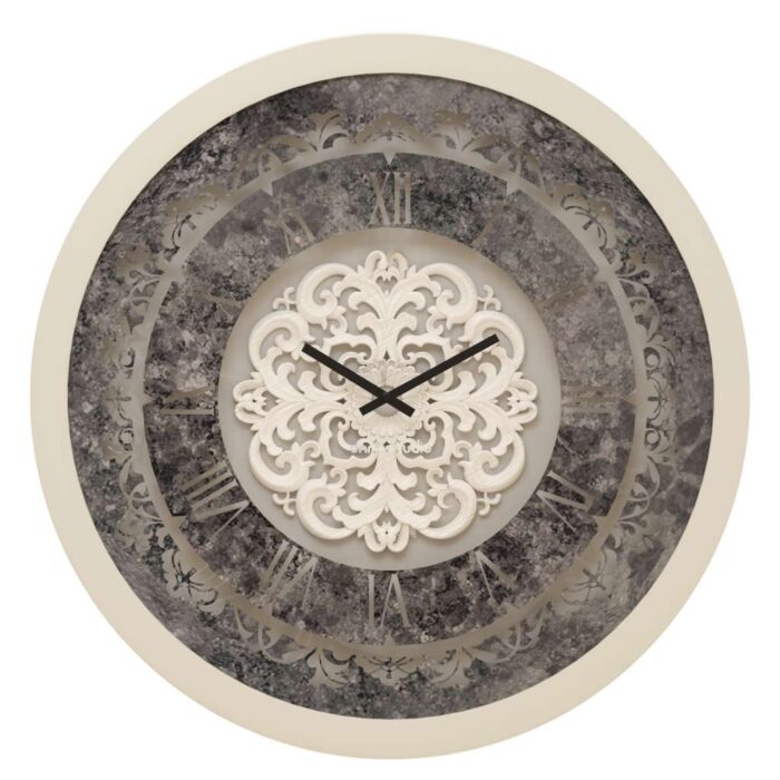 Add a touch of timeless elegance to your living space with our Round Beige Colour Wall Clock. This vintage-inspired timepiece features classic Roman numerals and a traditional floral design, making it the perfect statement piece for any room. Handcrafted by artisans, this large wall clock is truly one-of-a-kind and will add a vintage charm to your home decor. Its decorative mirrored frame adds a touch of luxury, while the silent clock mechanism ensures a peaceful ambiance. Whether you're looking to enhance your living room decor or searching for a unique housewarming gift, this handmade wall clock is sure to impress. Embrace the beauty of yesteryears with this aesthetic design that complements both retro and boho wall art styles. Elevate your interior design with this stunning addition to your room decor.