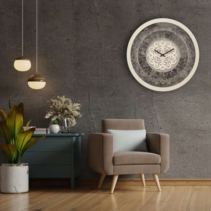 Add a touch of timeless elegance to your living space with our Round Beige Colour Wall Clock. This vintage-inspired timepiece features classic Roman numerals and a traditional floral design, making it the perfect statement piece for any room. Handcrafted by artisans, this large wall clock is truly one-of-a-kind and will add a vintage charm to your home decor. Its decorative mirrored frame adds a touch of luxury, while the silent clock mechanism ensures a peaceful ambiance. Whether you're looking to enhance your living room decor or searching for a unique housewarming gift, this handmade wall clock is sure to impress. Embrace the beauty of yesteryears with this aesthetic design that complements both retro and boho wall art styles. Elevate your interior design with this stunning addition to your room decor.