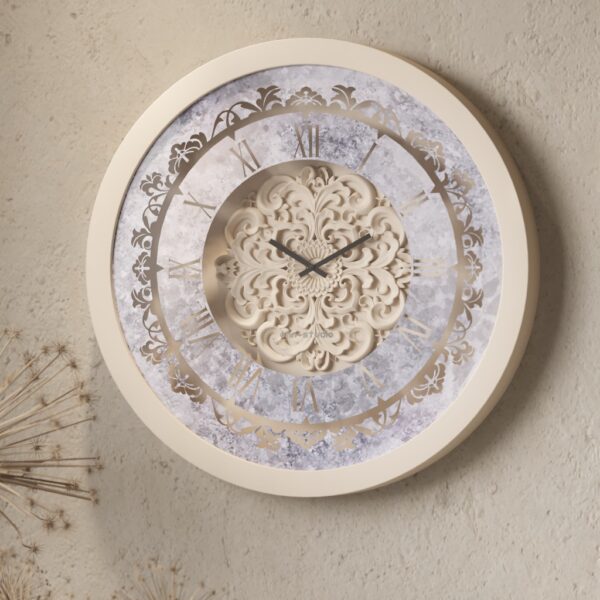 Handmade Roman Numeral Wall Clock with Beige Wooden Frame and Silent Floral Mirror Design