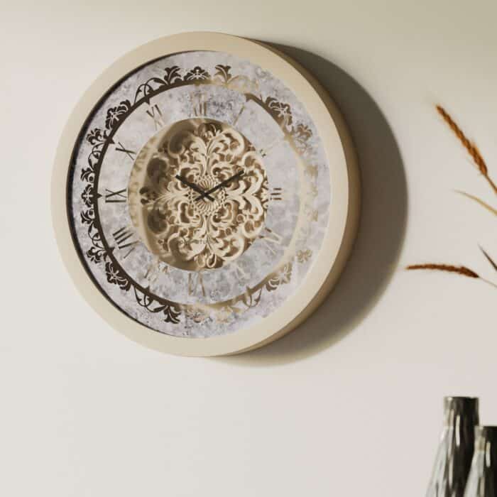 Handmade Roman Numeral Wall Clock with Beige Wooden Frame and Silent Floral Mirror Design