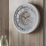 Handmade Roman Numeral Wall Clock with Beige Wooden Frame and Silent Floral Mirror Design