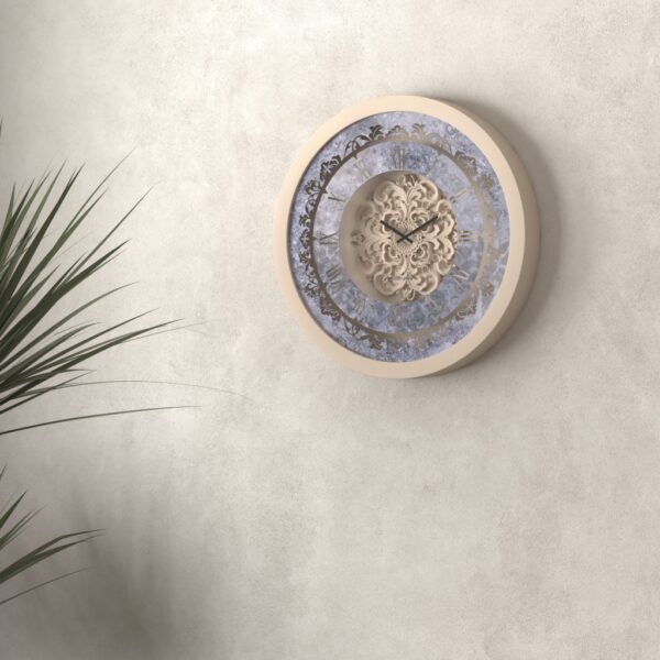 Handmade Roman Numeral Wall Clock with Beige Wooden Frame and Silent Floral Mirror Design