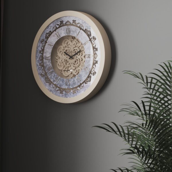 Handmade Roman Numeral Wall Clock with Beige Wooden Frame and Silent Floral Mirror Design