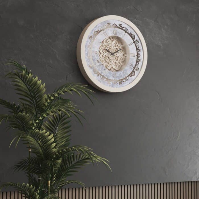 Handmade Roman Numeral Wall Clock with Beige Wooden Frame and Silent Floral Mirror Design