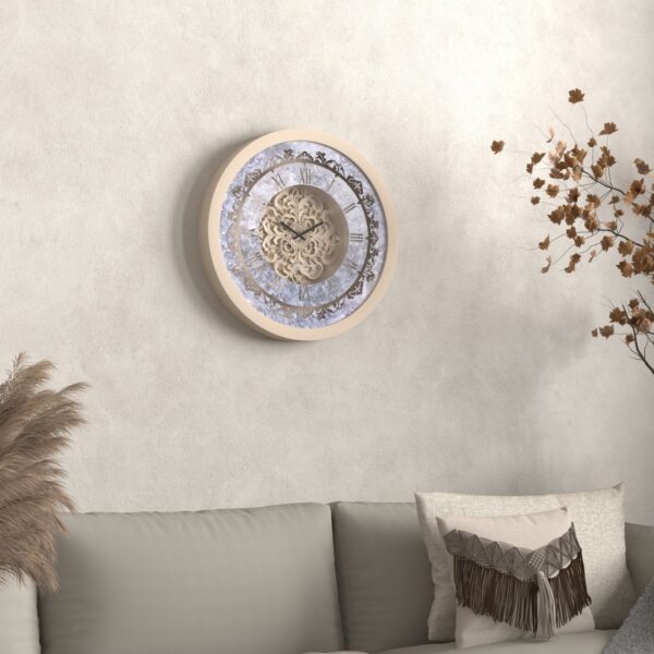 Handmade Roman Numeral Wall Clock with Beige Wooden Frame and Silent Floral Mirror Design