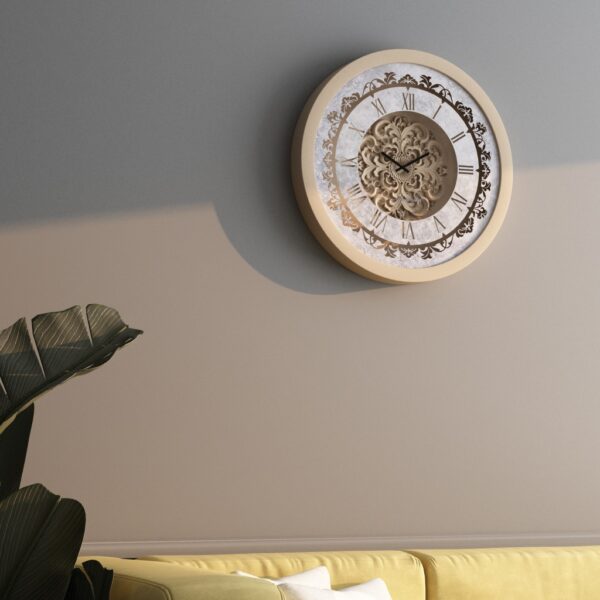 Handmade Roman Numeral Wall Clock with Beige Wooden Frame and Silent Floral Mirror Design