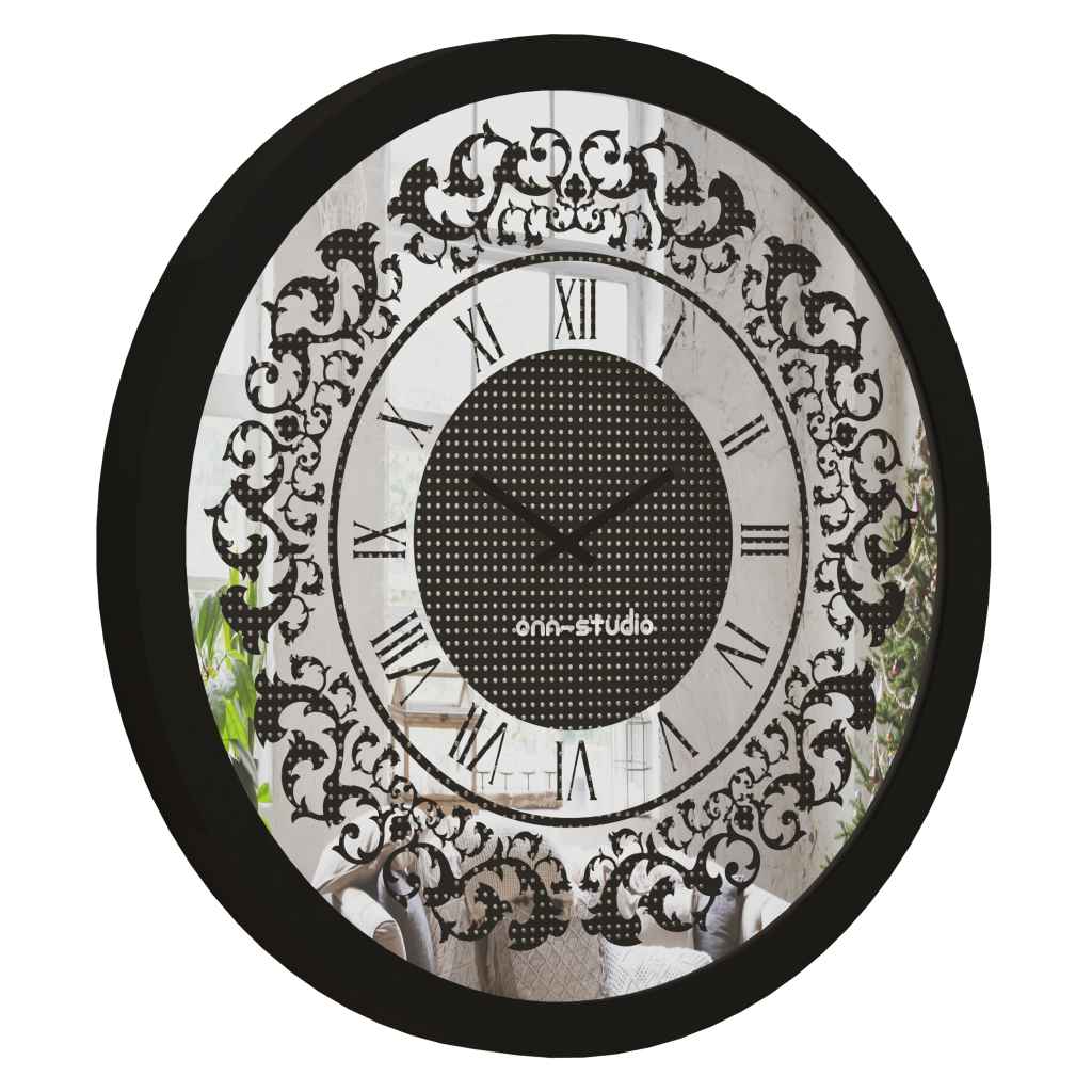 Onn Studio's Round Black Diamond Rhinestone Wall Clock with Roman numerals and decoration.