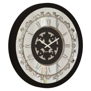 Onn Studio's Round Black Mirrored Wall Clock with Roman numerals and decoration.