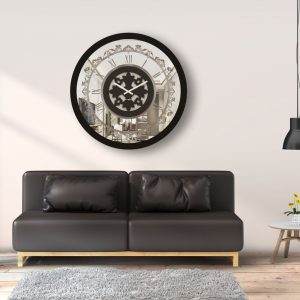 Round black mirrored wall clock hanging in a modern living room.