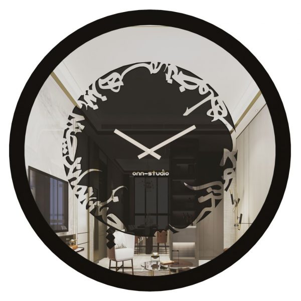 Onn Studio's Round Black Mirrored Wall Clock with Persian calligraphy.