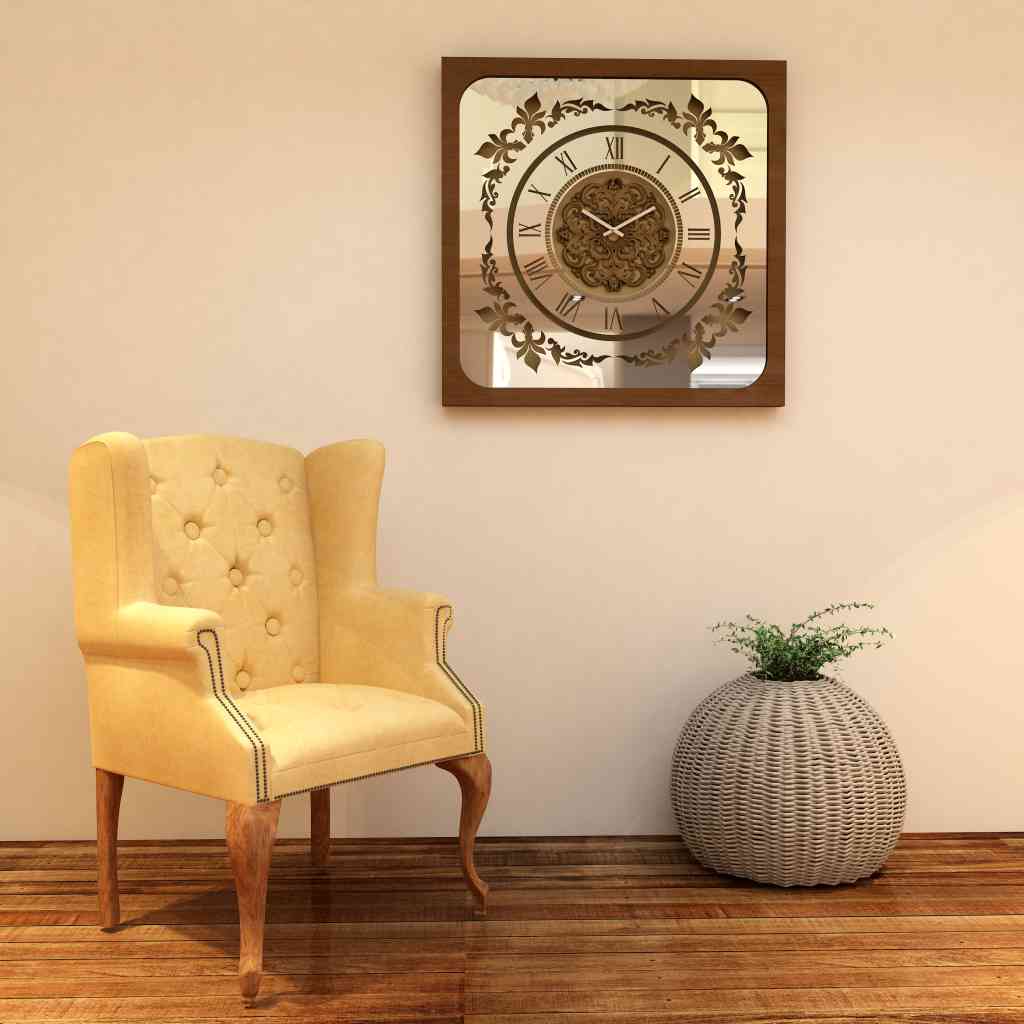 Square gold patina mirrored wall clock hanging in warm living room.