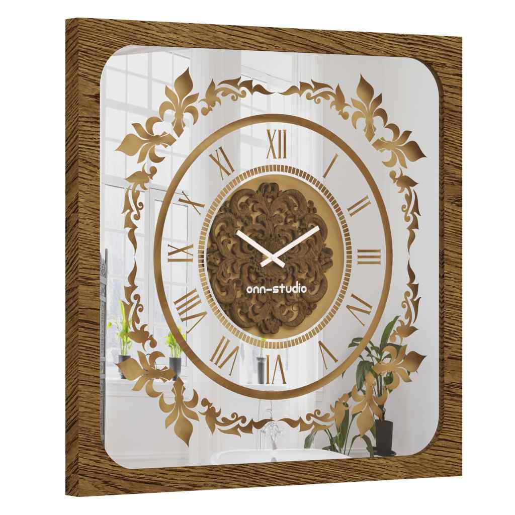 Onn Studio's Square Gold Patina Mirrored Wall Clock with Roman numerals and decoration.