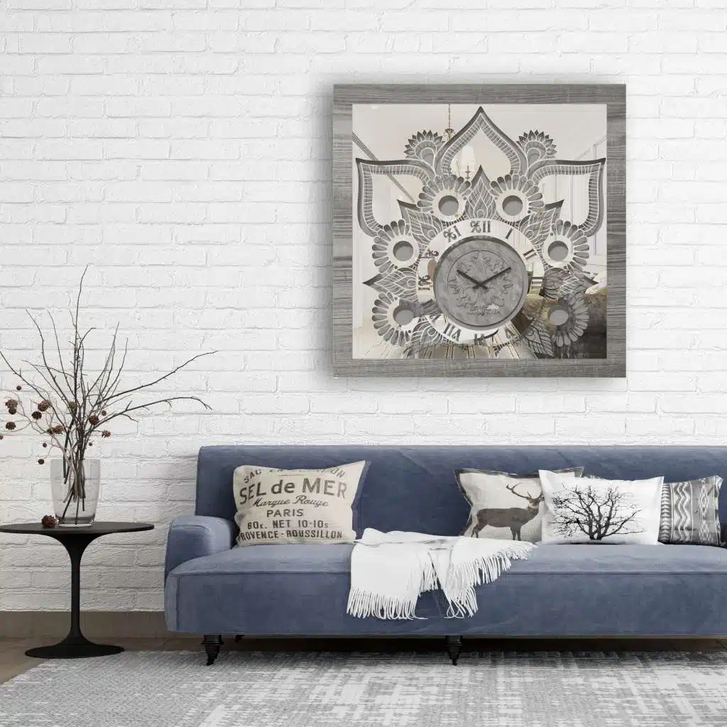 Introducing our exquisite Roman Numeral Wall Clock, the perfect statement piece for your living room decor. This chic vintage-inspired square wall clock in a stunning silver patina finish exudes elegance and sophistication. Its unique design adds a touch of luxury to any space, making it a must-have for those who appreciate chic home decor. Upgrade your living room with this stylish yet functional wall art that is sure to impress guests and elevate the ambiance of your home.