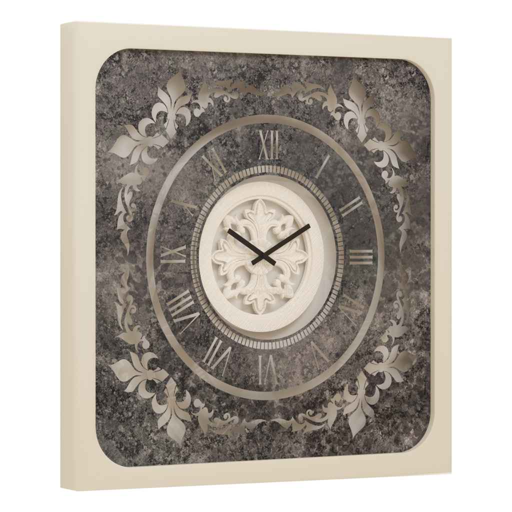Onn Studio's Square Shell Patina Mirrored Wall Clock with Roman numerals and decoration.