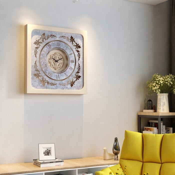 Handmade Roman Numeral Wall Clock with Beige Wooden Frame and Silent Floral Mirror Design