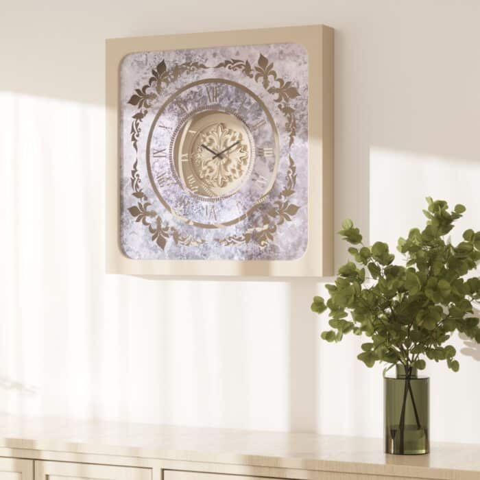 Handmade Roman Numeral Wall Clock with Beige Wooden Frame and Silent Floral Mirror Design