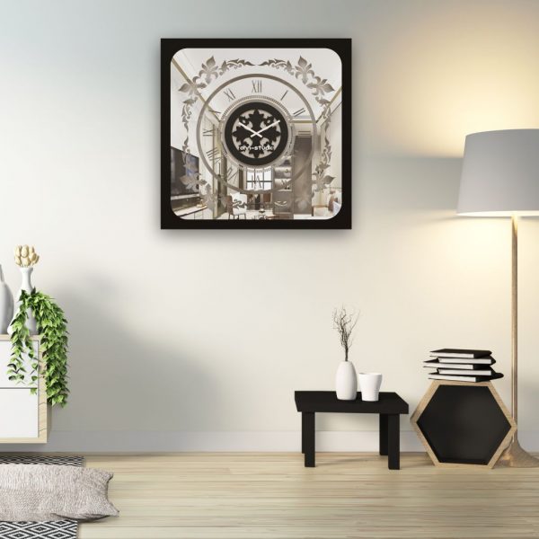 Square black mirrored wall clock hanging in a white living room.