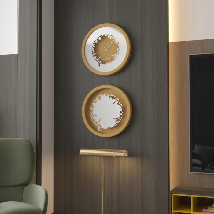 Add a touch of timeless elegance to your home with this traditional round-shaped handmade wall clock. Featuring five stunning surrounding colors - black, gray, gold, beige, and walnut, this clock is a true beauty. The captivating design element of Persian calligraphy around the mirrored clock adds a stylish and one-of-a-kind touch that makes this piece truly special. This large modern wall clock is perfect for any room in your home, whether it's in the kitchen, living room, or bedroom. Its oversized silhouette ensures it will make a statement on any wall, while its silent movement ensures a peaceful atmosphere. Upgrade your décor with this brilliant and beautiful piece today!