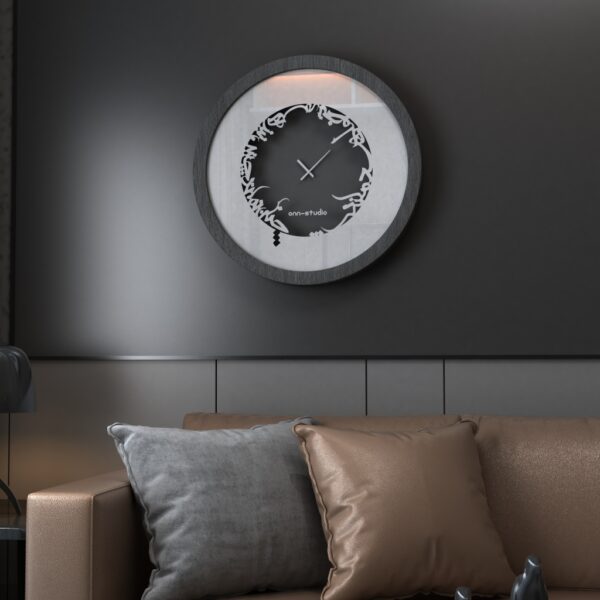 Add a touch of elegance to your space with this traditional round-shaped handmade wall clock adorned with 5 stunning surrounding colors - black, gray, gold, beige, and walnut. The captivating design feature of this piece is the intricate Persian calligraphy encircling the mirrored clock, creating a stylish one-of-a-kind look that shines beautifully on any wall. This large modern wall clock is not only a functional timepiece but also a stunning piece of art. With its oversized silhouette and silent mechanism, it is perfect for adding a bold statement to your kitchen or any room in your home. Make a stylish statement with this unique and eye-catching timepiece.