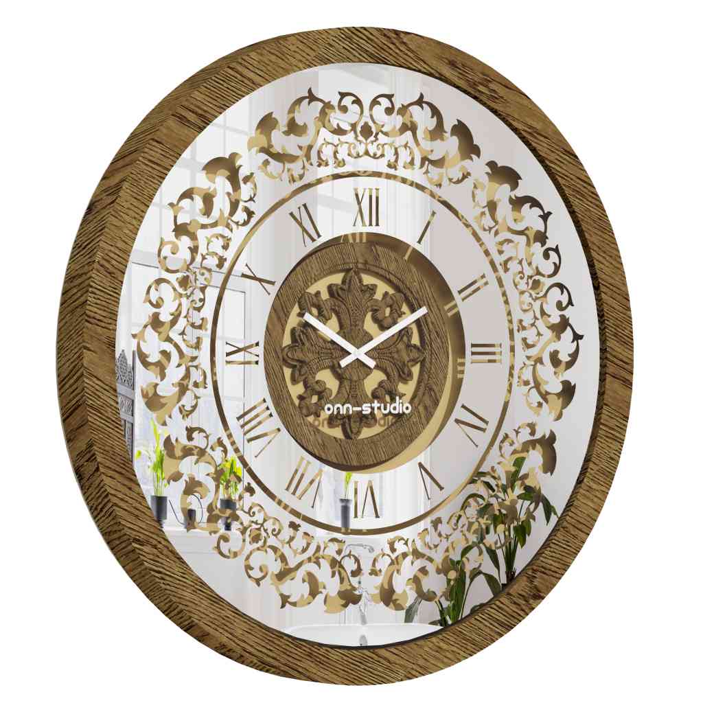 Onn Studio's Round Gold Patina Mirrored Wall Clock with Roman numerals and decoration.