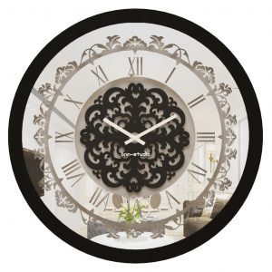 Onn Studio's Round Black Mirrored Wall Clock with Roman numerals and decoration.