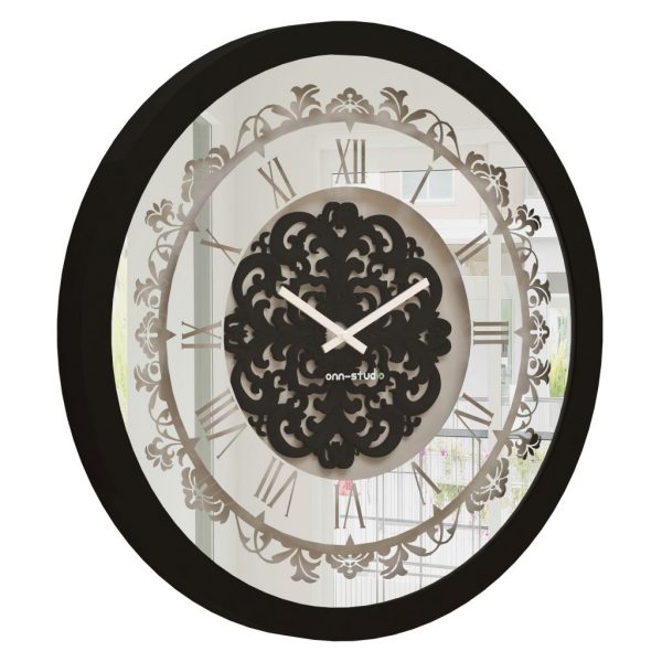 Onn Studio's Round Black Mirrored Wall Clock with Roman numerals and decoration.