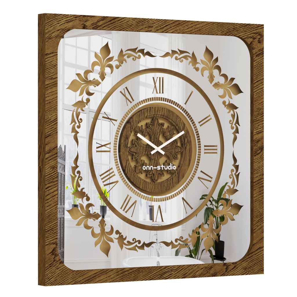 Onn Studio's Square Gold Patina Mirrored Wall Clock with Roman numerals and decoration.