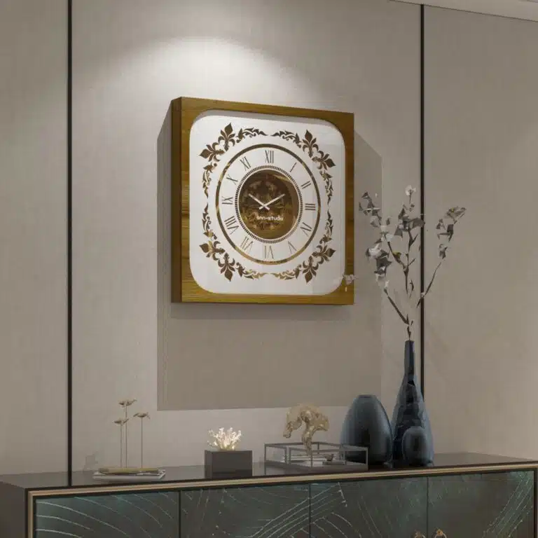 Add a touch of Boho style charm to your living space with this unique Roman Numeral Mirror Clock. This chic vintage square wall clock in patina gold is not just a timepiece, but a piece of elegant home decor that will elevate the look of your living room. With its intricate Roman numerals and stylish design, this clock is sure to be a conversation starter and a focal point in any room. Bring a touch of sophistication and vintage flair to your home with this stunning wall art piece.