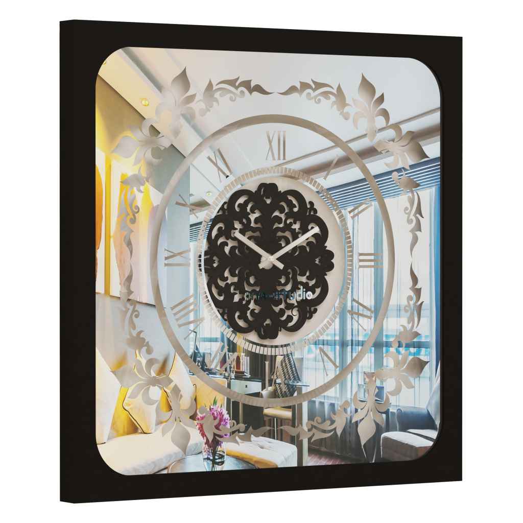 Onn Studio's Square Black Mirrored Wall Clock with Roman numerals and decoration.