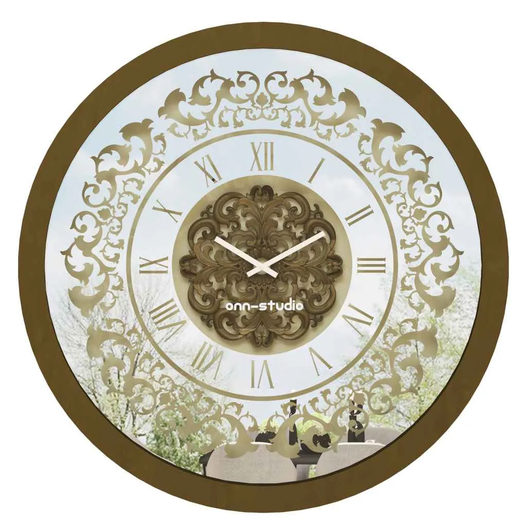 Add a touch of vintage charm to your home or office with this exquisite Vintage Floral Bronze Effect Wall Clock. Featuring elegant Roman numerals on a large round mirror, this artisan timekeeper is a statement piece that will elevate any space. Handmade with care, this wooden clock is perfect for adding a touch of sophistication to your living room decor. Make a statement with this elegant wall clock that combines beauty and functionality in one stunning piece.