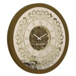 Add a touch of vintage charm to your home or office with this exquisite Vintage Floral Bronze Effect Wall Clock. Featuring elegant Roman numerals on a large round mirror, this artisan timekeeper is a statement piece that will elevate any space. Handmade with care, this wooden clock is perfect for adding a touch of sophistication to your living room decor. Make a statement with this elegant wall clock that combines beauty and functionality in one stunning piece.