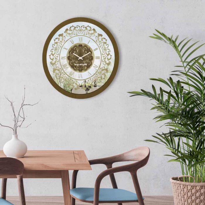 Add a touch of vintage charm to your home or office with this exquisite Vintage Floral Bronze Effect Wall Clock. Featuring elegant Roman numerals on a large round mirror, this artisan timekeeper is a statement piece that will elevate any space. Handmade with care, this wooden clock is perfect for adding a touch of sophistication to your living room decor. Make a statement with this elegant wall clock that combines beauty and functionality in one stunning piece.