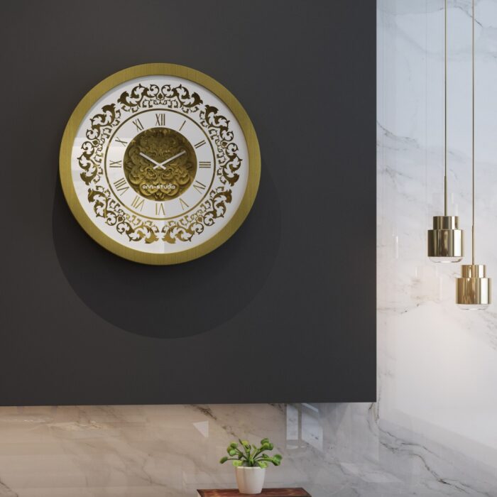 Introducing our exquisite Vintage Floral Bronze Effect Wall Clock with Roman Numerals, a stunning addition to any space. This large round mirror clock is not just a timekeeper, but a true artisan piece for your home or office decor. Its elegant design makes it a statement piece in any room, while adding a touch of sophistication and charm. Handmade with care, this wooden clock is perfect for enhancing your living room decor or bringing a unique touch to your workspace. Upgrade your space with this one-of-a-kind timepiece that effortlessly merges style and function.