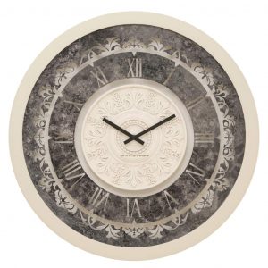 Onn Studio's Round Shell Patina Mirrored Wall Clock with Roman numerals and decoration.