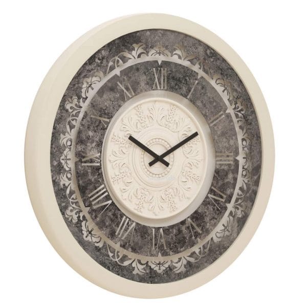 Onn Studio's Round Shell Patina Mirrored Wall Clock with Roman numerals and decoration.