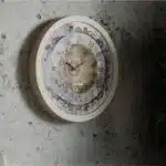 Handmade round Roman numeral wall clock with beige wooden frame and patina floral mirror design