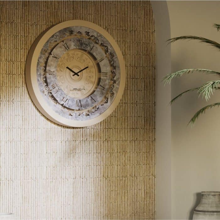 Handmade round Roman numeral wall clock with beige wooden frame and patina floral mirror design