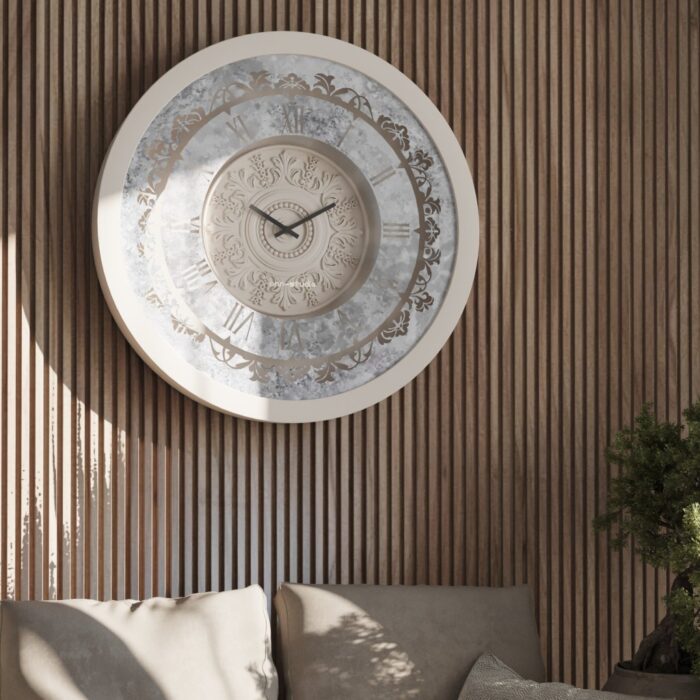 Handmade round Roman numeral wall clock with beige wooden frame and patina floral mirror design