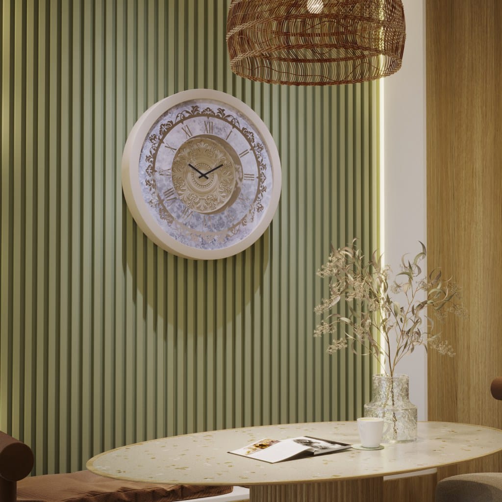 Handmade round Roman numeral wall clock with beige wooden frame and patina floral mirror design