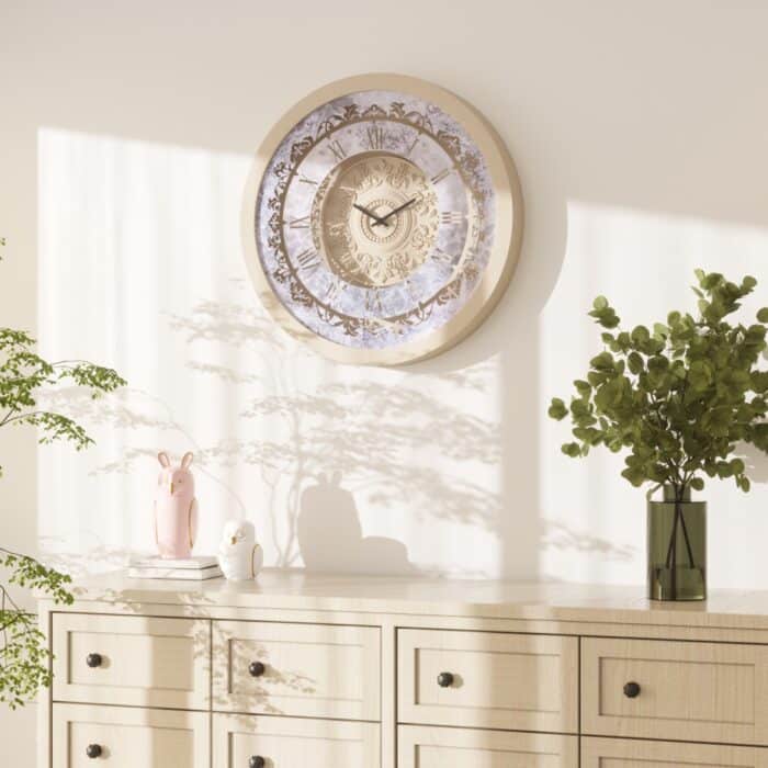 Handmade round Roman numeral wall clock with beige wooden frame and patina floral mirror design