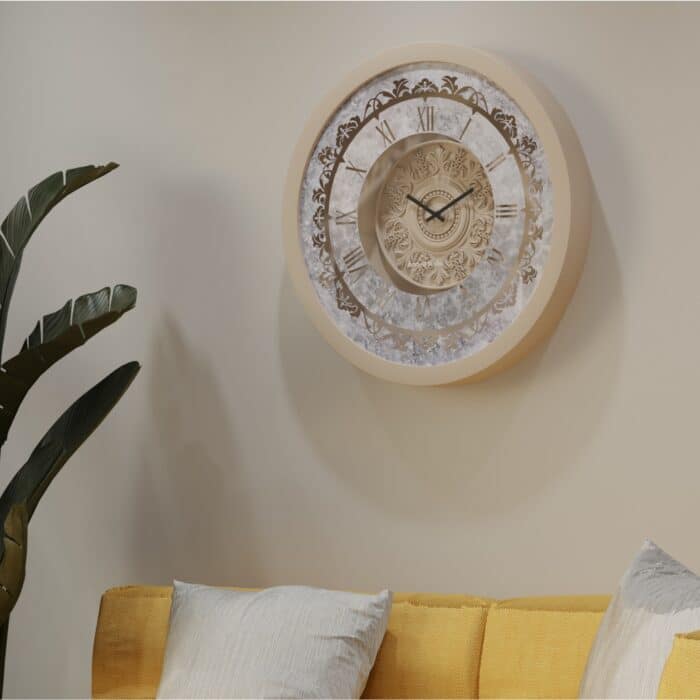 Handmade round Roman numeral wall clock with beige wooden frame and patina floral mirror design