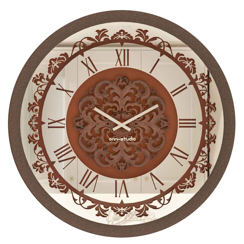 Onn Studio's Round Cuprous Patina Mirrored Wall Clock with Roman numerals and decoration.