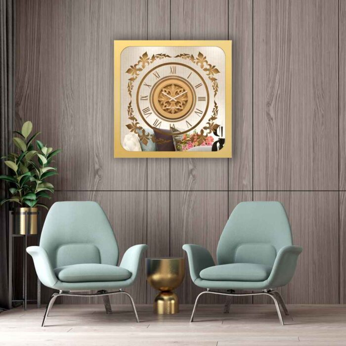 Square gold mirrored wall clock hanging in a grey living room.